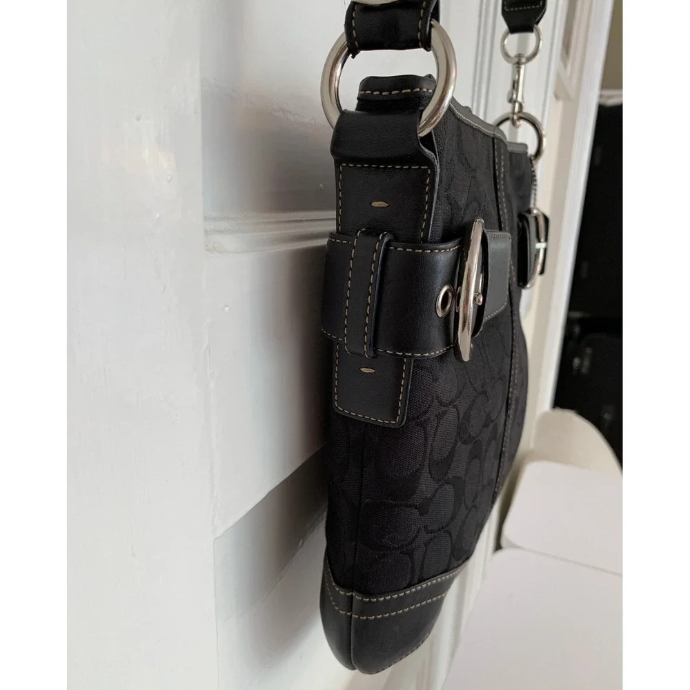 Vintage Coach Black Monogram Canvas Soho Duffle Shoulder Bag Silver Buckles - Picture 6 of 16